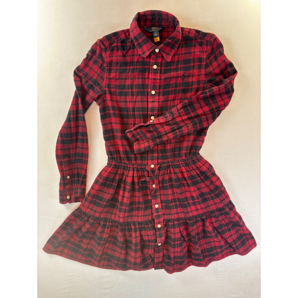 Polo Ralph Lauren Girls Red Black Plaid Flannel Ruffle Shirt Dress Size 12
